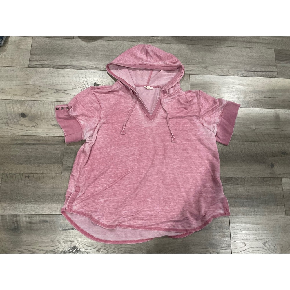 Rose and Frances Pink Acid Wash Short Sleeve V-Neck Hoodie Plus Size 2X